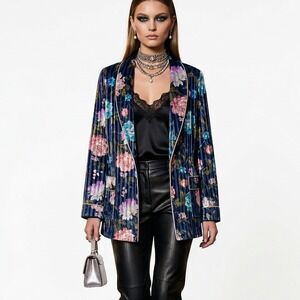 VICTORIA'S SECRET Blue Floral Velvet Burnout Kimono Blazer Luxe XS Small No Belt